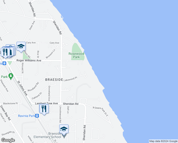 map of restaurants, bars, coffee shops, grocery stores, and more near 21 Lakewood Place in Highland Park