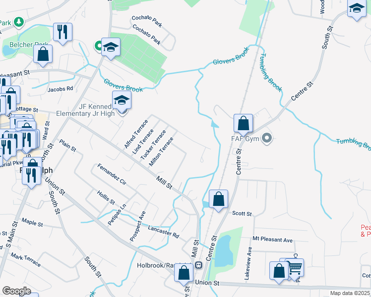 map of restaurants, bars, coffee shops, grocery stores, and more near 21 Curran Terrace in Randolph