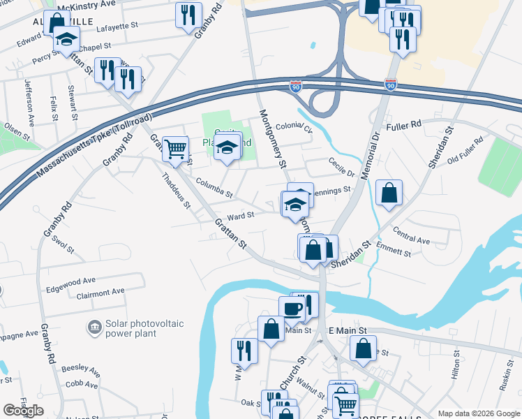 map of restaurants, bars, coffee shops, grocery stores, and more near 55 Columba Street in Chicopee