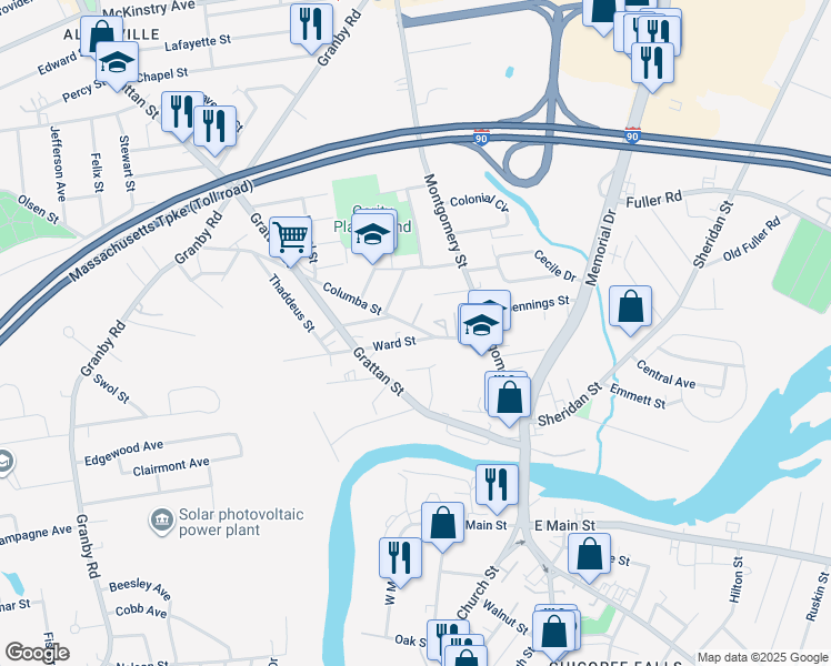 map of restaurants, bars, coffee shops, grocery stores, and more near 37 Ward Street in Chicopee