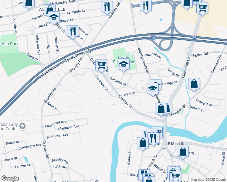 map of restaurants, bars, coffee shops, grocery stores, and more near 8 Thaddeus Street in Chicopee