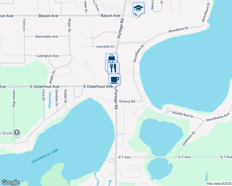 map of restaurants, bars, coffee shops, grocery stores, and more near 10545 Portage Road in Portage