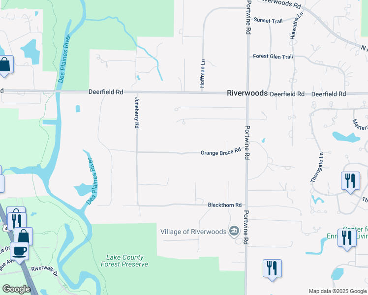 map of restaurants, bars, coffee shops, grocery stores, and more near 3055 Orange Brace Road in Riverwoods