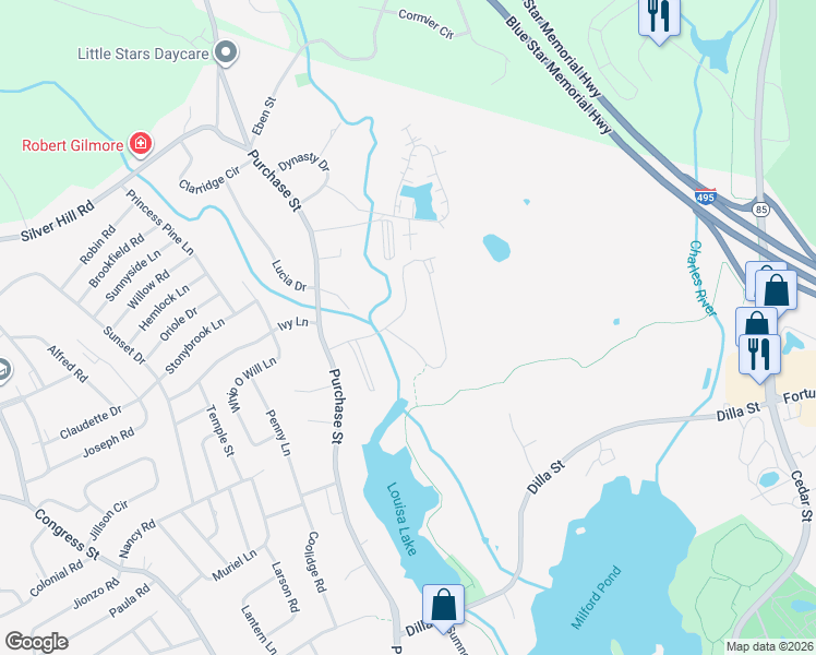 map of restaurants, bars, coffee shops, grocery stores, and more near 6 Shadowbrook Lane in Milford