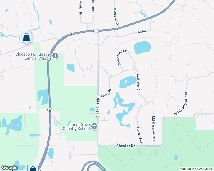map of restaurants, bars, coffee shops, grocery stores, and more near 2323 Coach Road in Long Grove