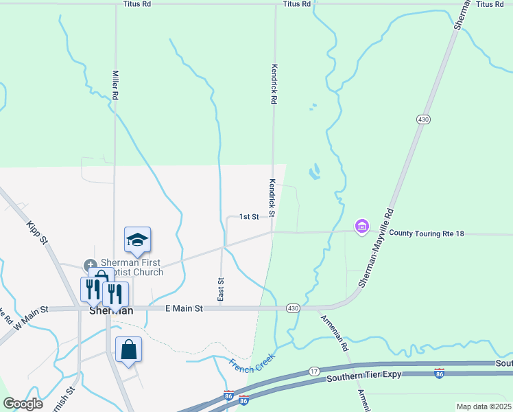 map of restaurants, bars, coffee shops, grocery stores, and more near 108 1st Street in Sherman