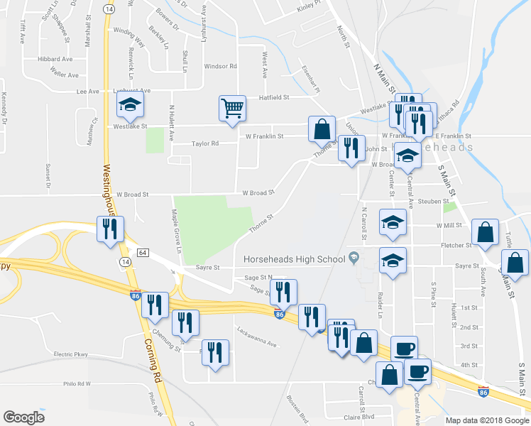 map of restaurants, bars, coffee shops, grocery stores, and more near 504 Thorne Street in Horseheads