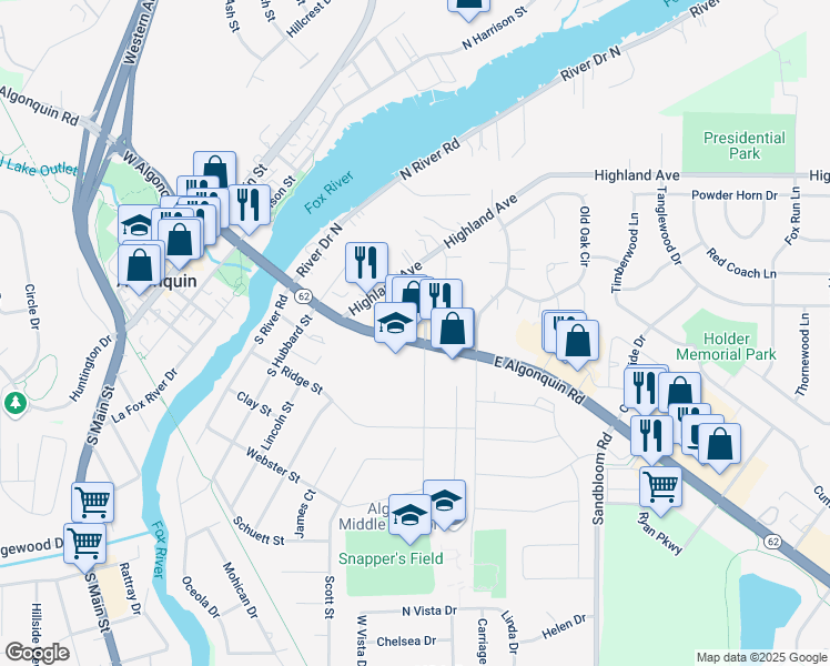 map of restaurants, bars, coffee shops, grocery stores, and more near 100 East Algonquin Road in Arlington Heights