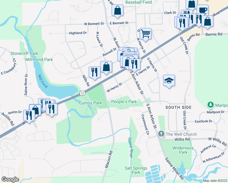 map of restaurants, bars, coffee shops, grocery stores, and more near 203 Monroe Street in Saline