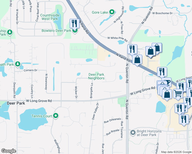 map of restaurants, bars, coffee shops, grocery stores, and more near 320 Briargate Lane in Deer Park