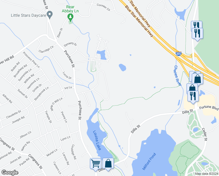 map of restaurants, bars, coffee shops, grocery stores, and more near 11 Shadowbrook Lane in Milford