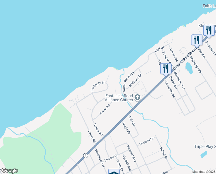 map of restaurants, bars, coffee shops, grocery stores, and more near 7826 E South Shore Dr N in Erie