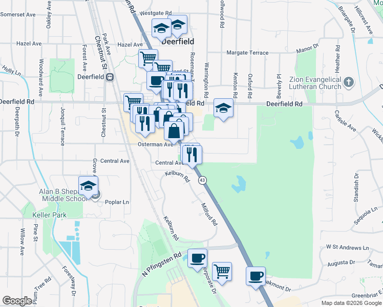 map of restaurants, bars, coffee shops, grocery stores, and more near 605 Waukegan Road in Deerfield