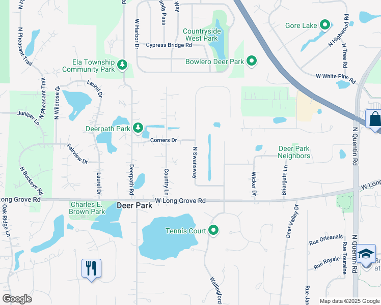 map of restaurants, bars, coffee shops, grocery stores, and more near 20650 Swansway in Deer Park
