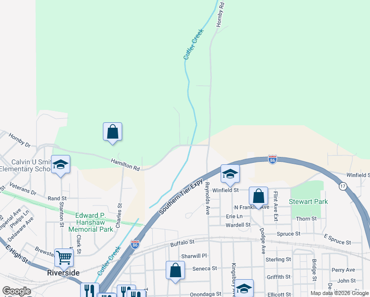map of restaurants, bars, coffee shops, grocery stores, and more near 425 Reynolds Avenue in Corning