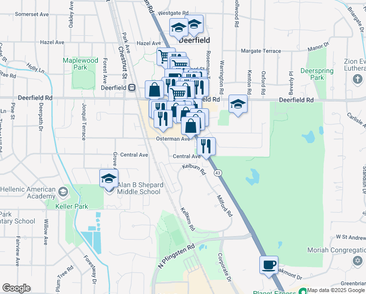 map of restaurants, bars, coffee shops, grocery stores, and more near 707 Osterman Avenue in Deerfield