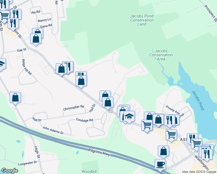 map of restaurants, bars, coffee shops, grocery stores, and more near 329 Washington Street in Norwell