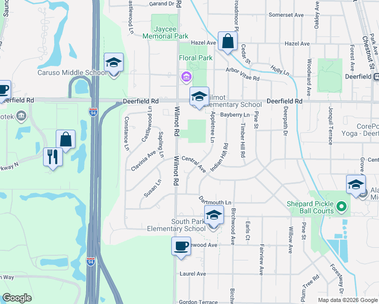 map of restaurants, bars, coffee shops, grocery stores, and more near 1520 Central Avenue in Deerfield