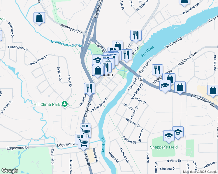 map of restaurants, bars, coffee shops, grocery stores, and more near 405 La Fox River Drive in Algonquin