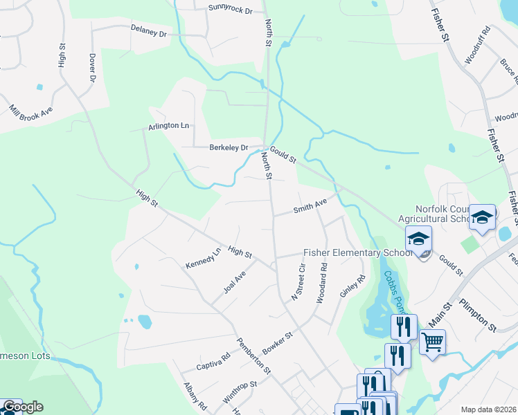 map of restaurants, bars, coffee shops, grocery stores, and more near 311 North Street in Walpole
