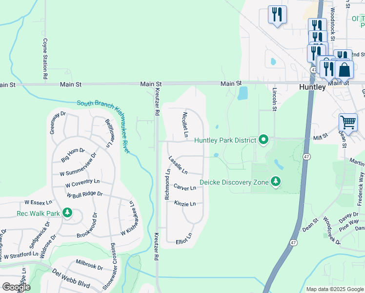 map of restaurants, bars, coffee shops, grocery stores, and more near 11485 Richmond Lane in Huntley