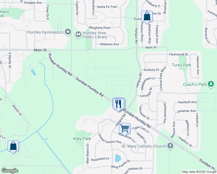 map of restaurants, bars, coffee shops, grocery stores, and more near 11306 Kinney Way in Huntley