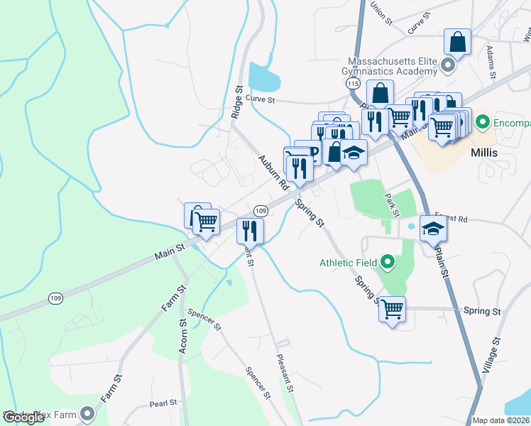 map of restaurants, bars, coffee shops, grocery stores, and more near 1040 Main Street in Millis
