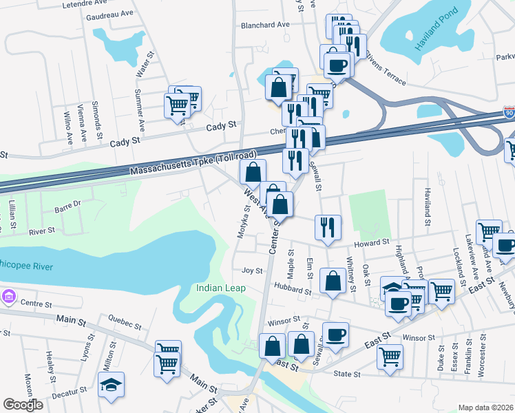 map of restaurants, bars, coffee shops, grocery stores, and more near 17 Arch Street in Ludlow