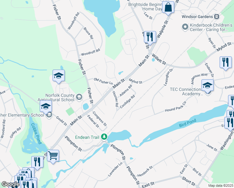 map of restaurants, bars, coffee shops, grocery stores, and more near 16 Hoover Road in Walpole