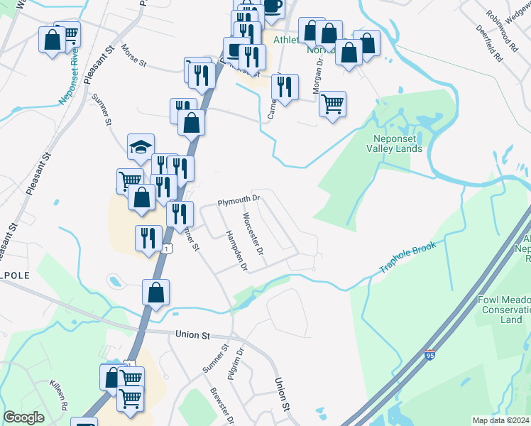 map of restaurants, bars, coffee shops, grocery stores, and more near 74 Plymouth Drive in Norwood