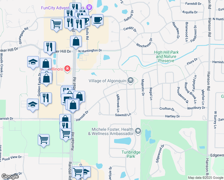 map of restaurants, bars, coffee shops, grocery stores, and more near 2285 Dawson Lane in Algonquin