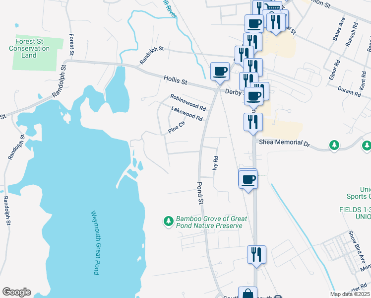 map of restaurants, bars, coffee shops, grocery stores, and more near 44 Partridge Road in Weymouth