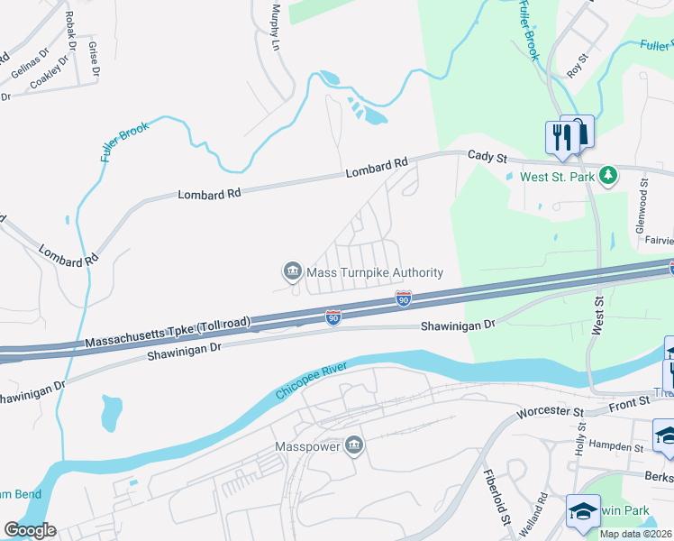 map of restaurants, bars, coffee shops, grocery stores, and more near 38 Lark Drive in Chicopee