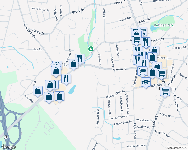 map of restaurants, bars, coffee shops, grocery stores, and more near 218 Warren Street in Randolph