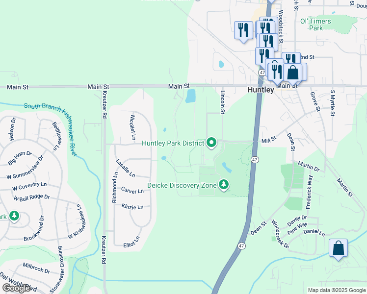 map of restaurants, bars, coffee shops, grocery stores, and more near 12201 Main Street in Huntley