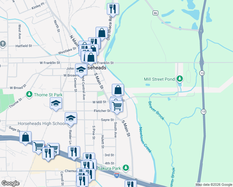 map of restaurants, bars, coffee shops, grocery stores, and more near 114 Adams Street in Horseheads