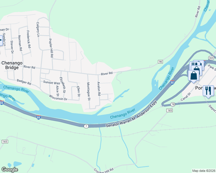 map of restaurants, bars, coffee shops, grocery stores, and more near 409 Riverview Rd in Binghamton