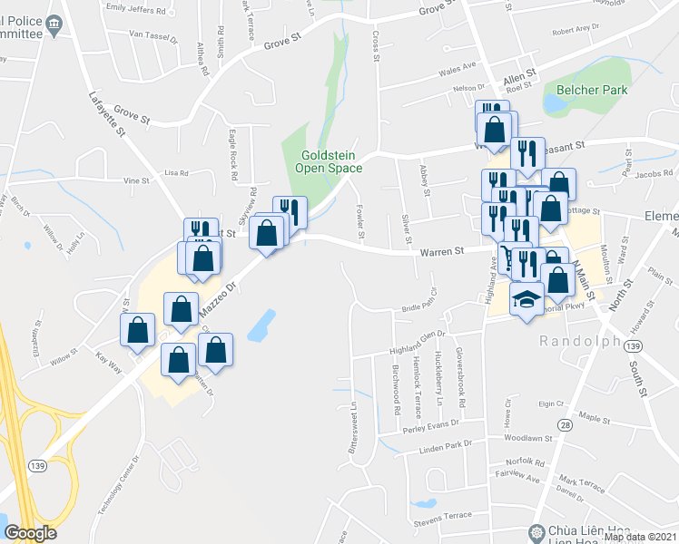 map of restaurants, bars, coffee shops, grocery stores, and more near 218 Warren Street in Randolph