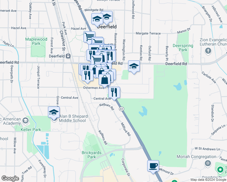 map of restaurants, bars, coffee shops, grocery stores, and more near 654 Hermitage Drive in Deerfield