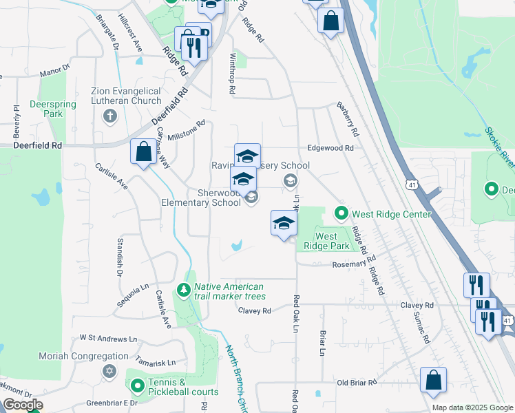 map of restaurants, bars, coffee shops, grocery stores, and more near 1900 Stratford Road in Highland Park