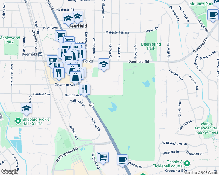 map of restaurants, bars, coffee shops, grocery stores, and more near 457 Longfellow Avenue in Deerfield