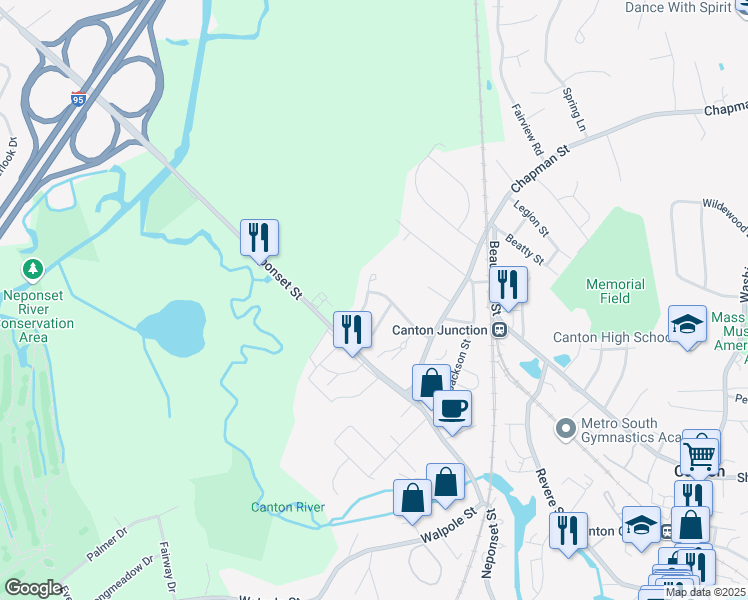 map of restaurants, bars, coffee shops, grocery stores, and more near 33 Apple Blossom Way in Canton