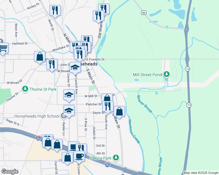 map of restaurants, bars, coffee shops, grocery stores, and more near 127 East Mill Street in Horseheads