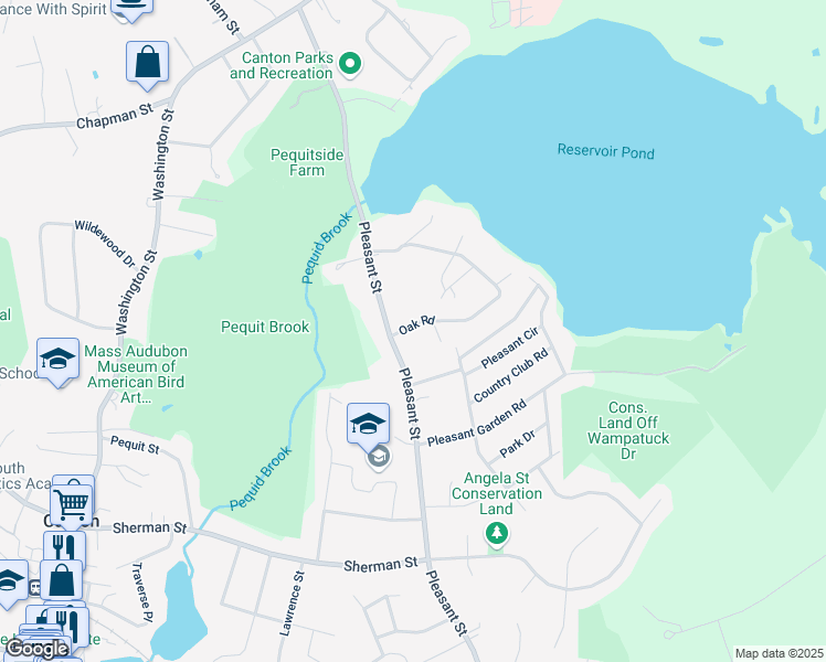 map of restaurants, bars, coffee shops, grocery stores, and more near 82 Oak Road in Canton