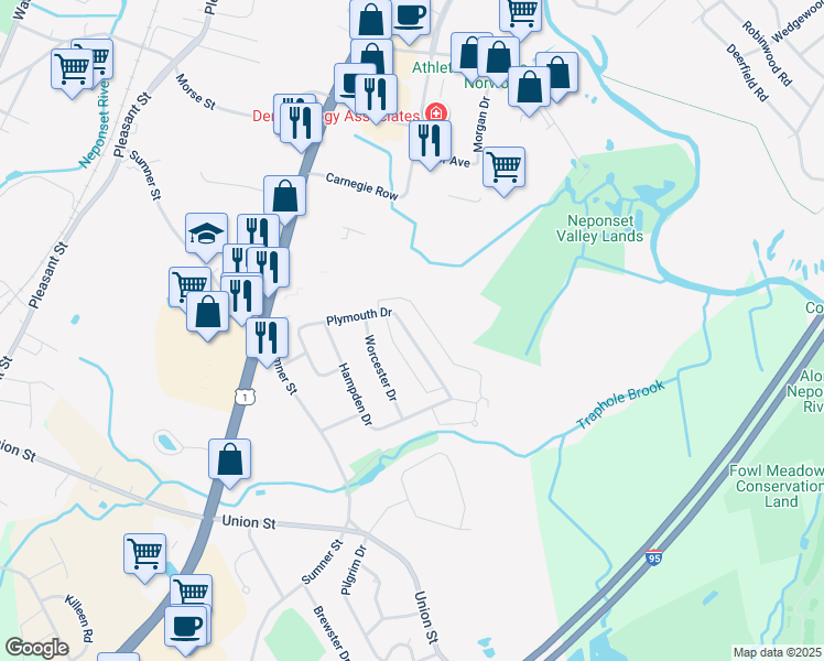 map of restaurants, bars, coffee shops, grocery stores, and more near 90 Plymouth Drive in Norwood