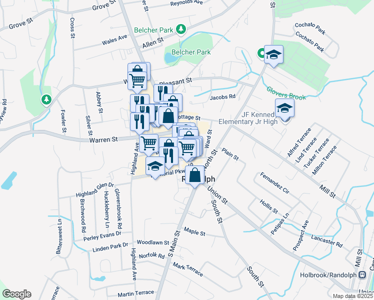 map of restaurants, bars, coffee shops, grocery stores, and more near in Randolph