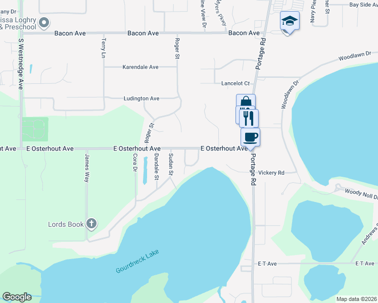map of restaurants, bars, coffee shops, grocery stores, and more near 1289 East Osterhout Avenue in Portage