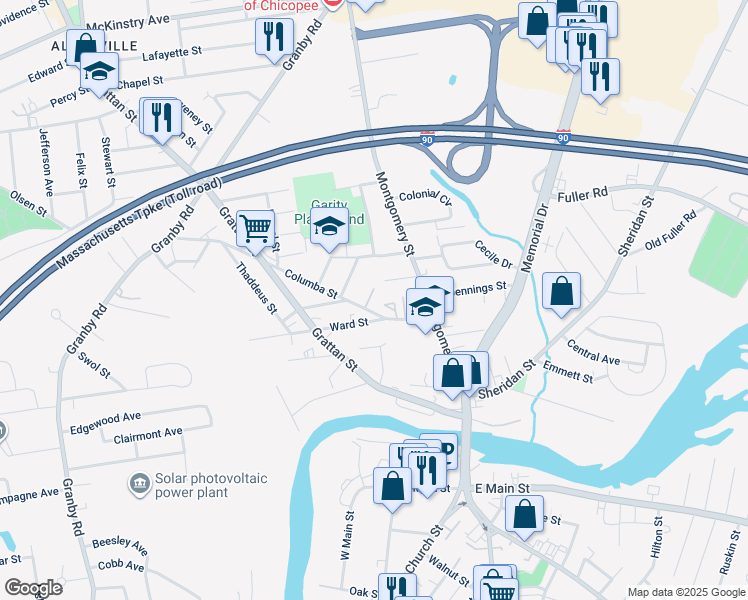 map of restaurants, bars, coffee shops, grocery stores, and more near 80 Columba Street in Chicopee
