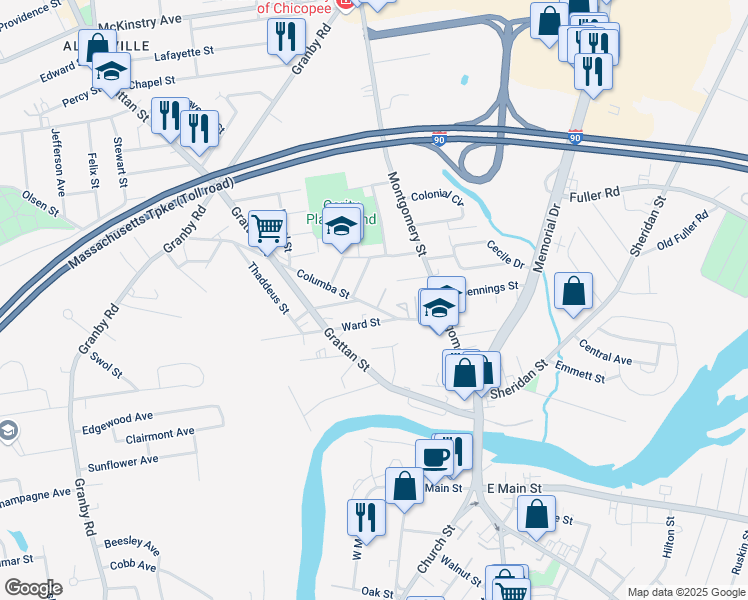 map of restaurants, bars, coffee shops, grocery stores, and more near 92 Columba Street in Chicopee