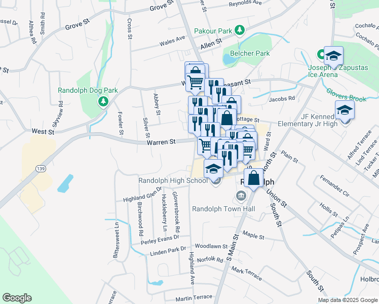 map of restaurants, bars, coffee shops, grocery stores, and more near 94 Warren Street in Randolph